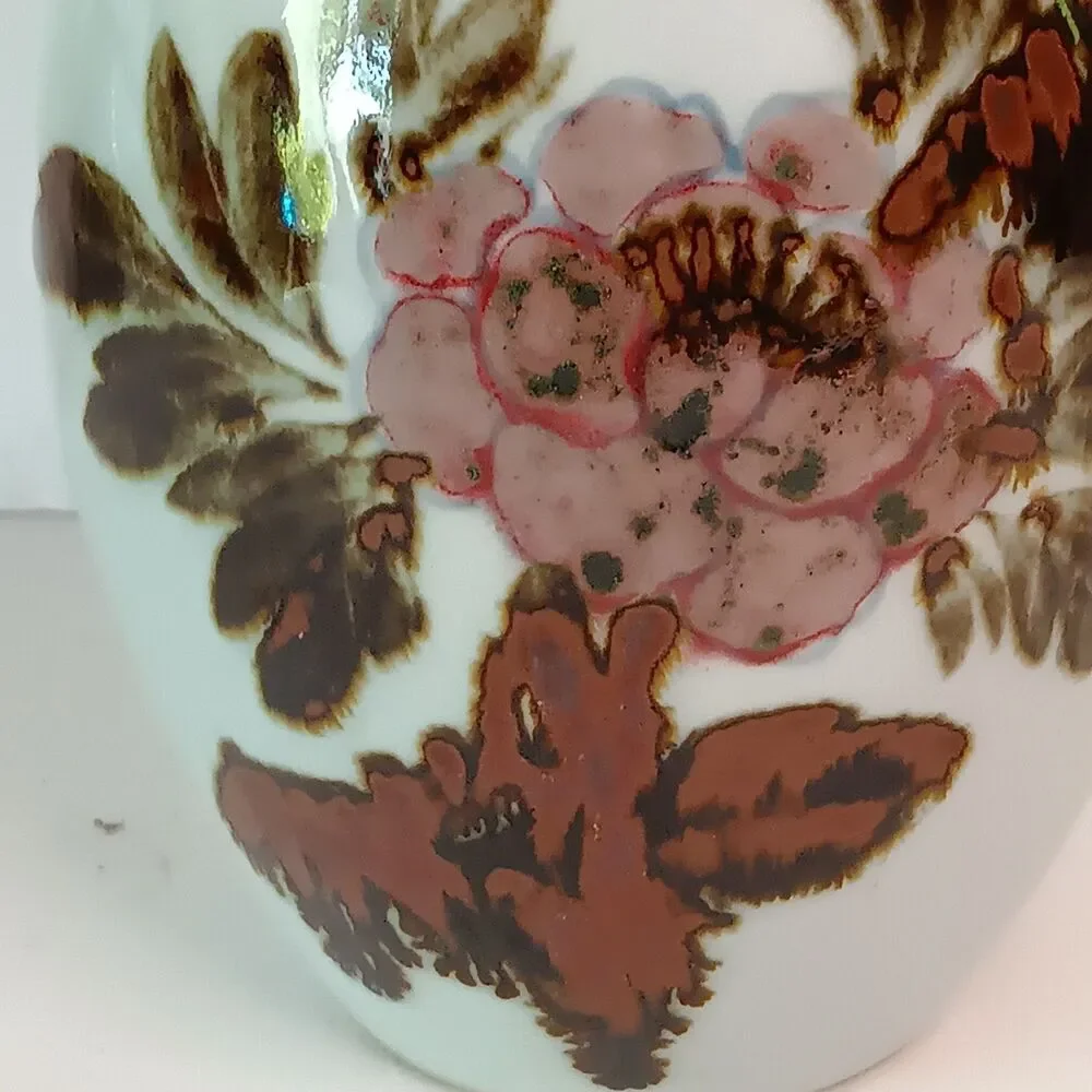 Floral Vase Narrow Neck Japanese Asian Abstract White Pink Flowers 8.5